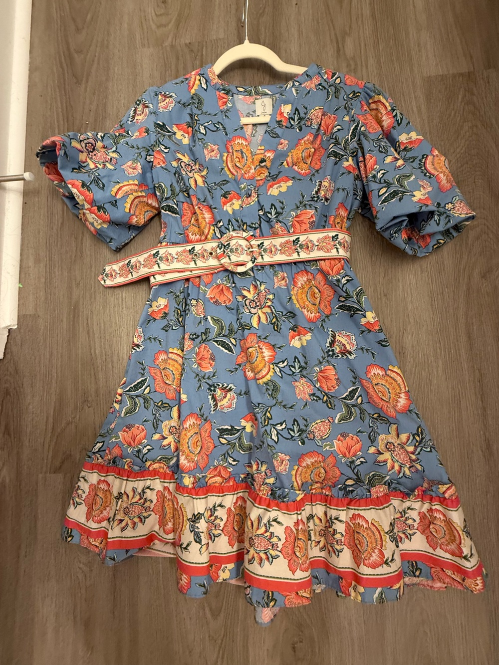 Joie Blue Floral Belted Girls Dress with Orange Accents